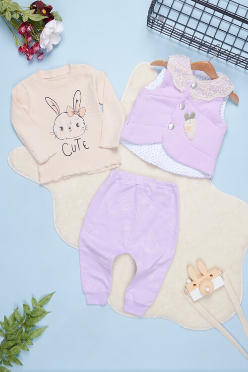 Kız Bebek Tavşanlı Yelekli 3lü Takım 14390