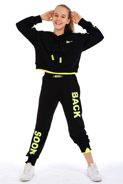 Kız Çocuk Back Yazı Baskılı Kapşonlu Takım 14185