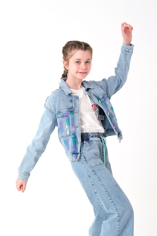 Kız Çocuk Baskılı Jean Ceket 8-14 Yaş 13928