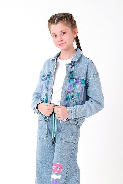 Kız Çocuk Baskılı Jean Ceket 8-14 Yaş 13928