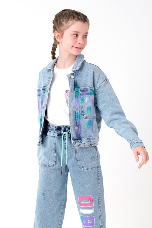 Kız Çocuk Baskılı Jean Ceket 8-14 Yaş 13928