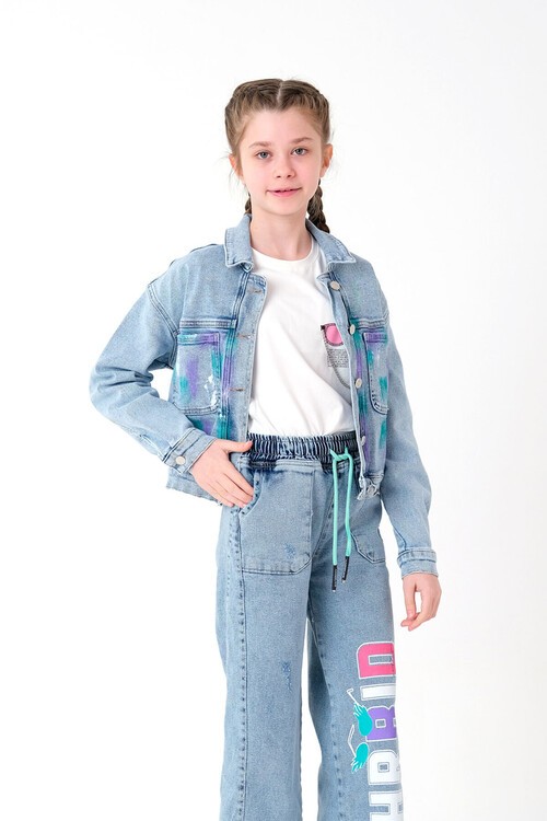 Kız Çocuk Baskılı Jean Ceket 8-14 Yaş 13928