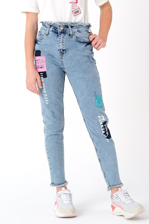 Kız Çocuk Baskılı Jean Pantolon 8-14 Yaş 13972