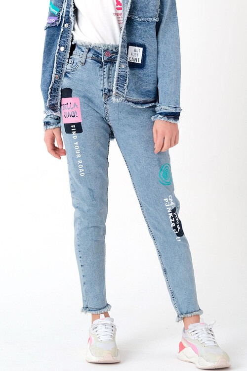 Kız Çocuk Baskılı Jean Pantolon 8-14 Yaş 13972
