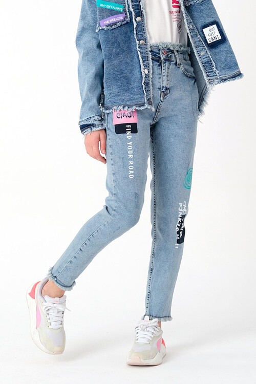 Kız Çocuk Baskılı Jean Pantolon 8-14 Yaş 13972