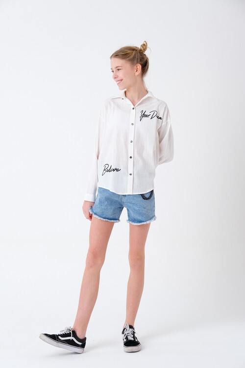 Kız Çocuk Beyaz Arkası Baskılı Gömlek 7-14 Yaş 13917