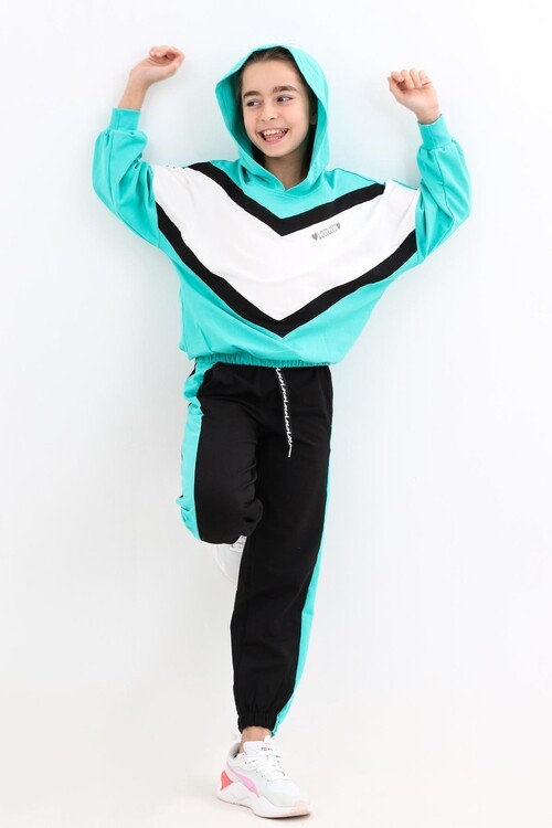 Kız Çocuk Bloklu Kapşonlu Eşofman Takım 14184