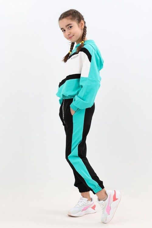 Kız Çocuk Bloklu Kapşonlu Eşofman Takım 14184