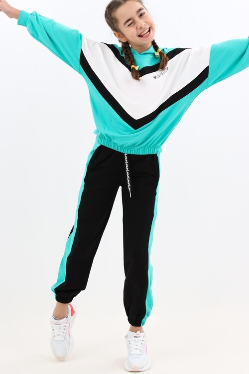 Kız Çocuk Bloklu Kapşonlu Eşofman Takım 14184