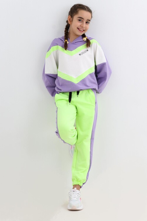 Kız Çocuk Bloklu Kapşonlu Eşofman Takım 14184