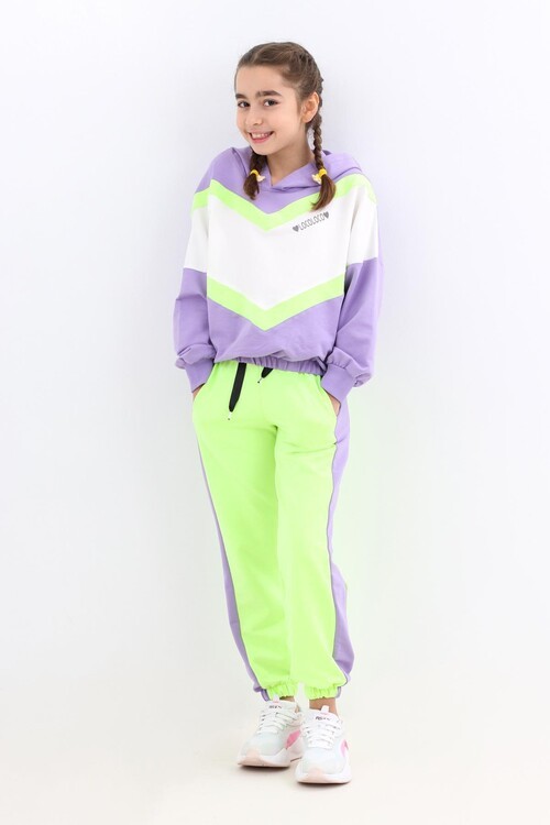 Kız Çocuk Bloklu Kapşonlu Eşofman Takım 14184