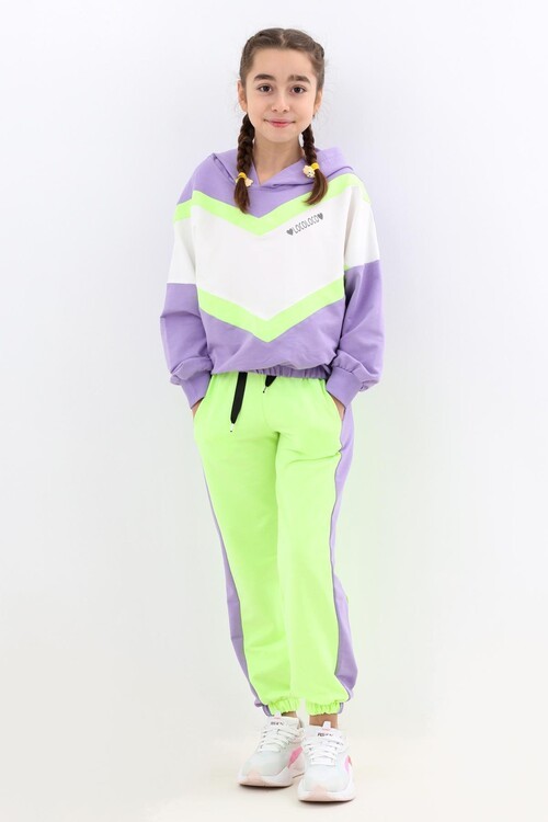 Kız Çocuk Bloklu Kapşonlu Eşofman Takım 14184