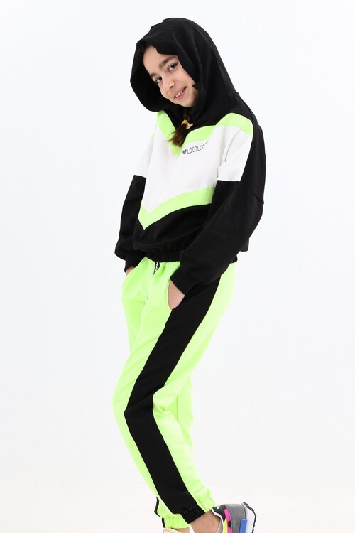 Kız Çocuk Bloklu Kapşonlu Eşofman Takım 14184