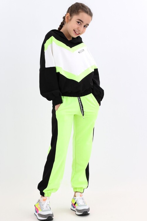 Kız Çocuk Bloklu Kapşonlu Eşofman Takım 14184