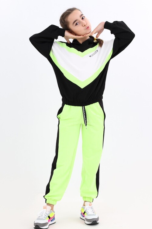 Kız Çocuk Bloklu Kapşonlu Eşofman Takım 14184