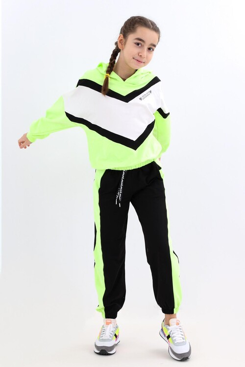 Kız Çocuk Bloklu Kapşonlu Eşofman Takım 14184