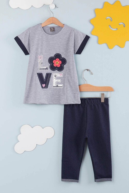 Kız Çocuk Çiçek Nakışlı Kaprili Takım 2-9 Yaş 13938