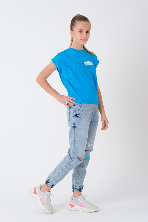 Kız Çocuk Denim Jean Eskitme Pantolon 7-12 13892