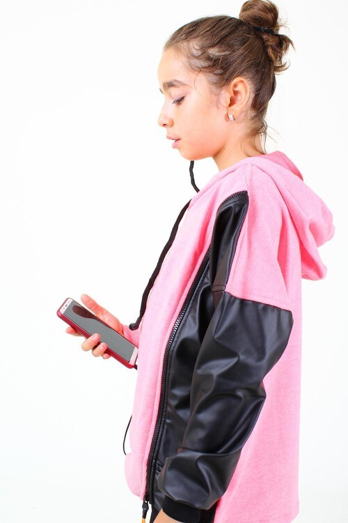 Kız Çocuk Deri Detaylı Kulaklı Sweatshirt 9-12 Yaş 14042