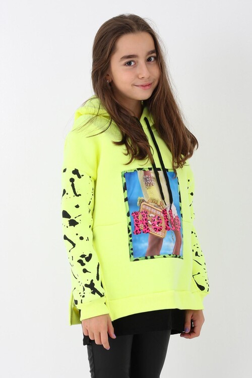 Kız Çocuk Digital Baskılı Kapşonlu Sweatshirt 14053