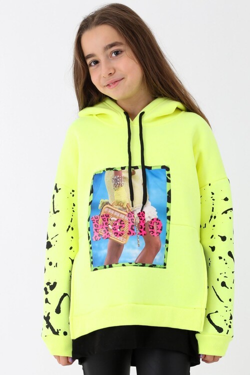 Kız Çocuk Digital Baskılı Kapşonlu Sweatshirt 14053