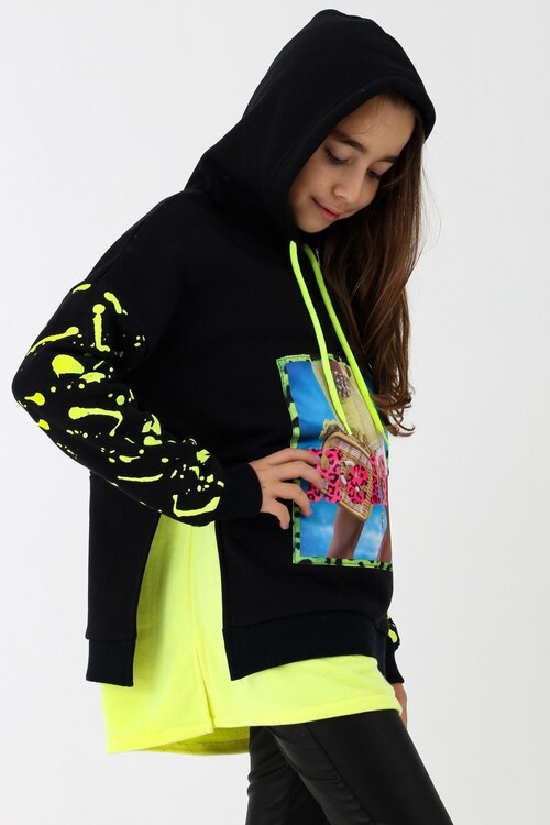 Kız Çocuk Digital Baskılı Kapşonlu Sweatshirt 14053