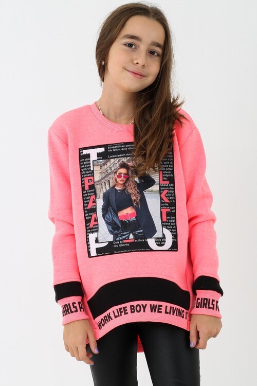 Resim Baskılı Kol Yazı Detaylı Kız Çocuk Sweatshirt 14050
