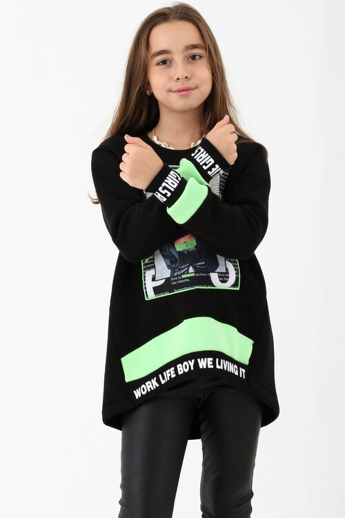 Resim Baskılı Kol Yazı Detaylı Kız Çocuk Sweatshirt 14050
