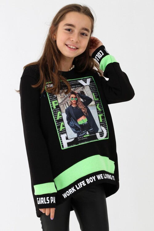 Resim Baskılı Kol Yazı Detaylı Kız Çocuk Sweatshirt 14050