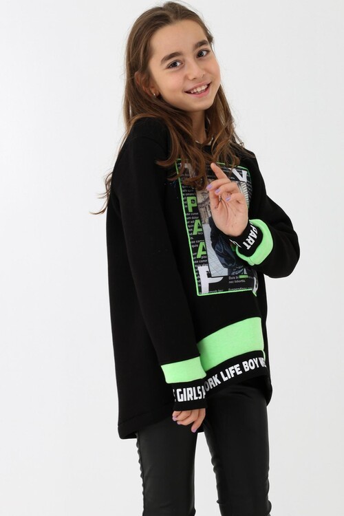 Resim Baskılı Kol Yazı Detaylı Kız Çocuk Sweatshirt 14050