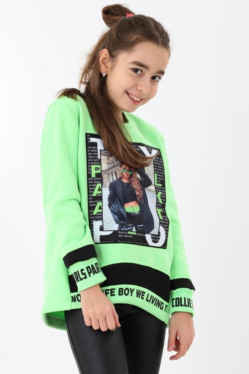 Resim Baskılı Kol Yazı Detaylı Kız Çocuk Sweatshirt 14050