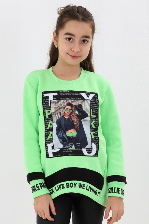 Resim Baskılı Kol Yazı Detaylı Kız Çocuk Sweatshirt 14050
