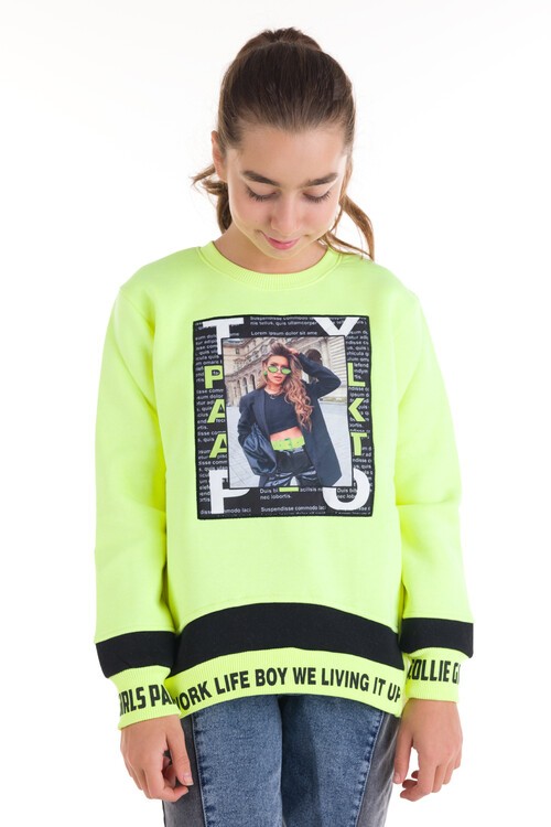 Resim Baskılı Kol Yazı Detaylı Kız Çocuk Sweatshirt 14050