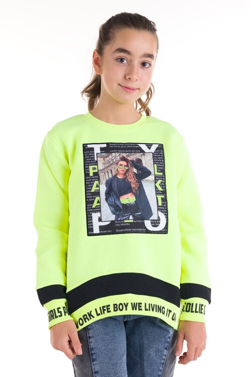 Resim Baskılı Kol Yazı Detaylı Kız Çocuk Sweatshirt 14050