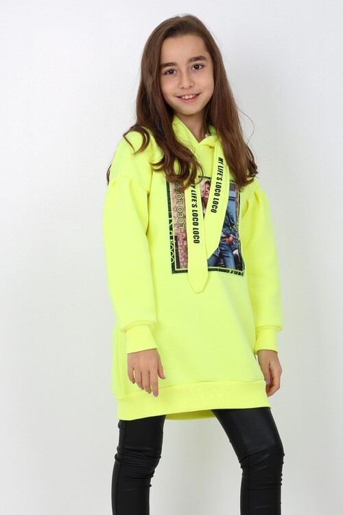 Kız Çocuk Digital Baskılı Tunik Kapşonlu Sweatshirt 14149