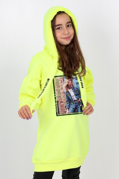 Kız Çocuk Digital Baskılı Tunik Kapşonlu Sweatshirt 14149