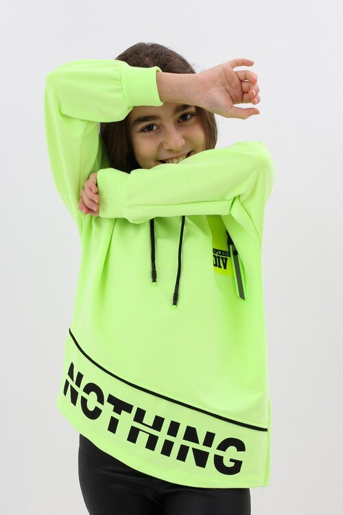 Kız Çocuk Div Yazı Baskılı Oversize Kapşonlu Sweatshirt 14126