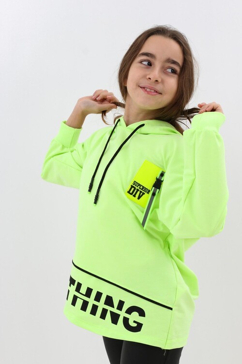 Kız Çocuk Div Yazı Baskılı Oversize Kapşonlu Sweatshirt 14126