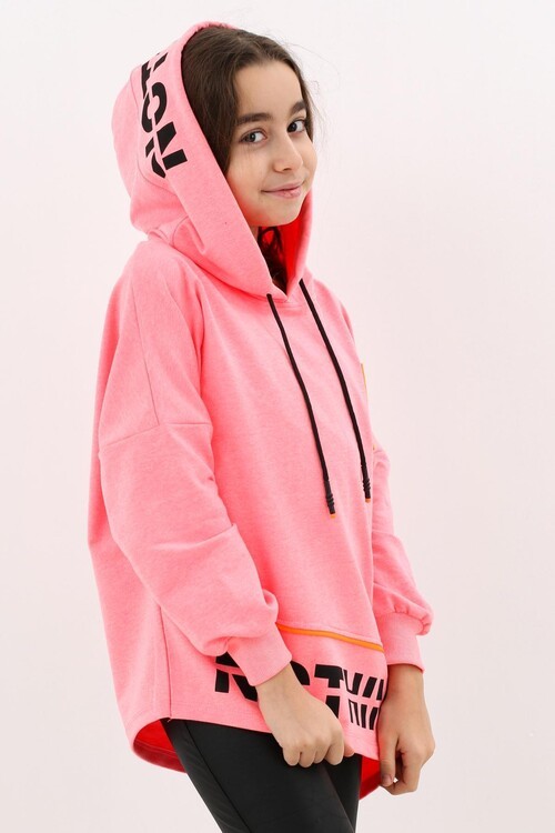 Kız Çocuk Div Yazı Baskılı Oversize Kapşonlu Sweatshirt 14126