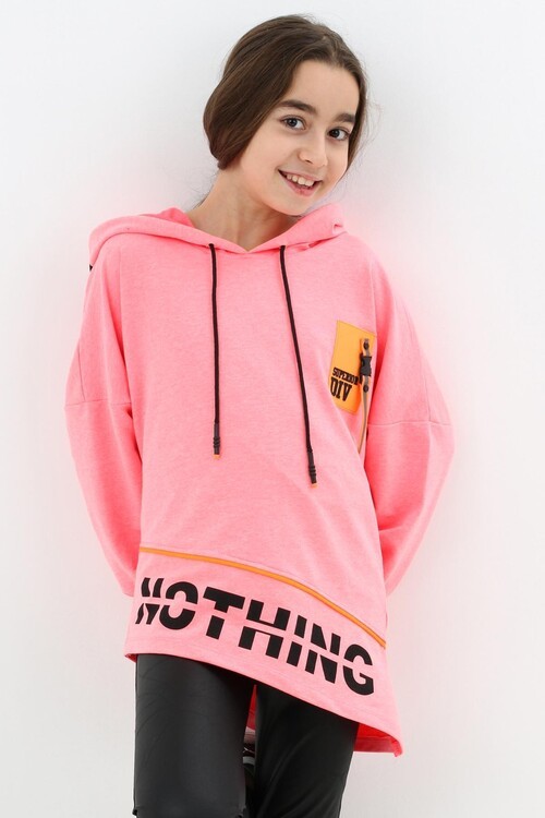 Kız Çocuk Div Yazı Baskılı Oversize Kapşonlu Sweatshirt 14126
