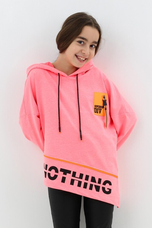 Kız Çocuk Div Yazı Baskılı Oversize Kapşonlu Sweatshirt 14126