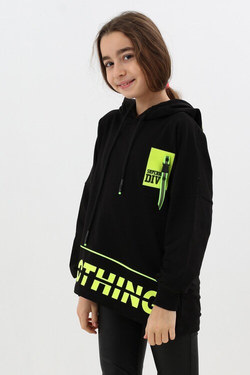 Kız Çocuk Div Yazı Baskılı Oversize Kapşonlu Sweatshirt 14126