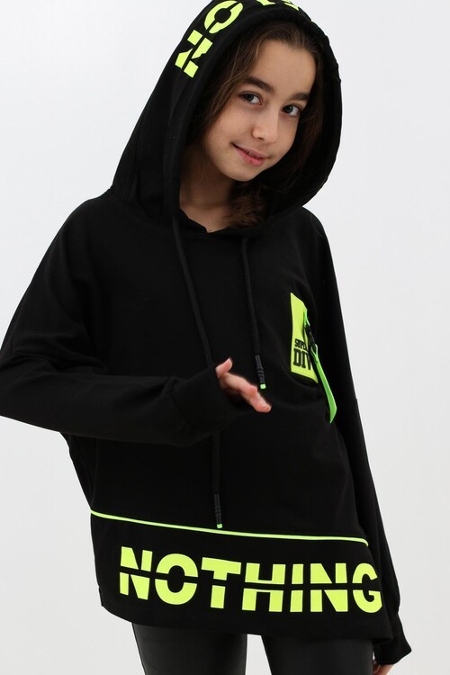 Kız Çocuk Div Yazı Baskılı Oversize Kapşonlu Sweatshirt 14126