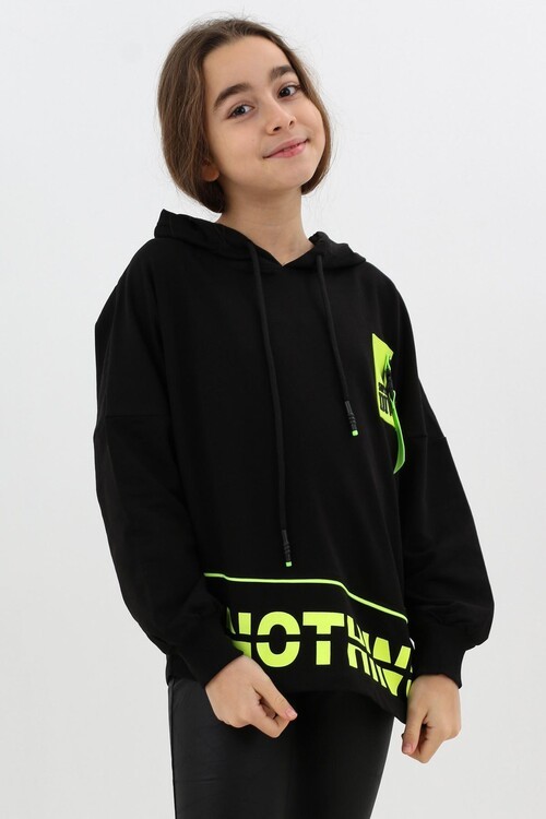 Kız Çocuk Div Yazı Baskılı Oversize Kapşonlu Sweatshirt 14126