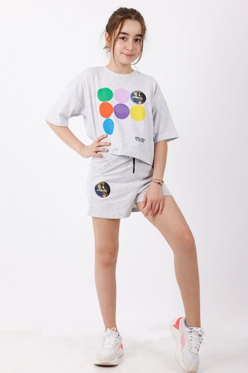 Kız Çocuk Dünya Baskılı Şortlu Takım 10-15 Yaş 13941