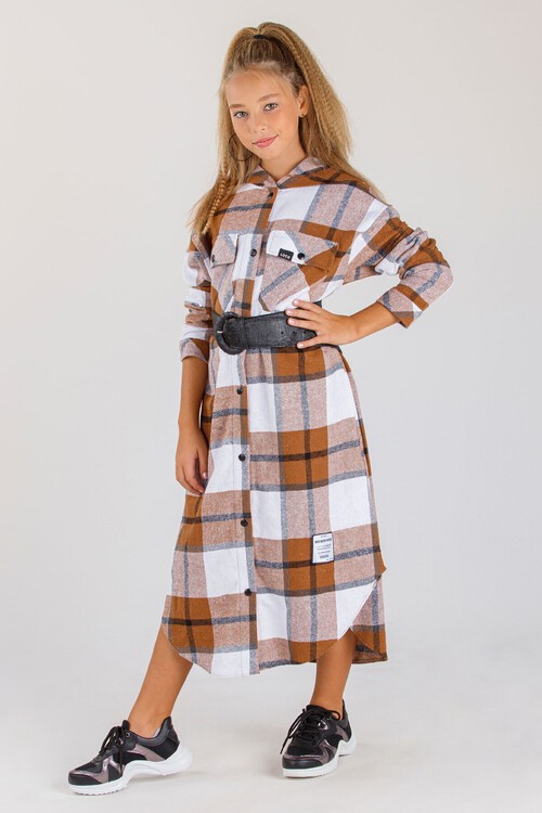 Kız Çocuk Ekose Kapşonlu Elbise 10-14 Yaş 14182