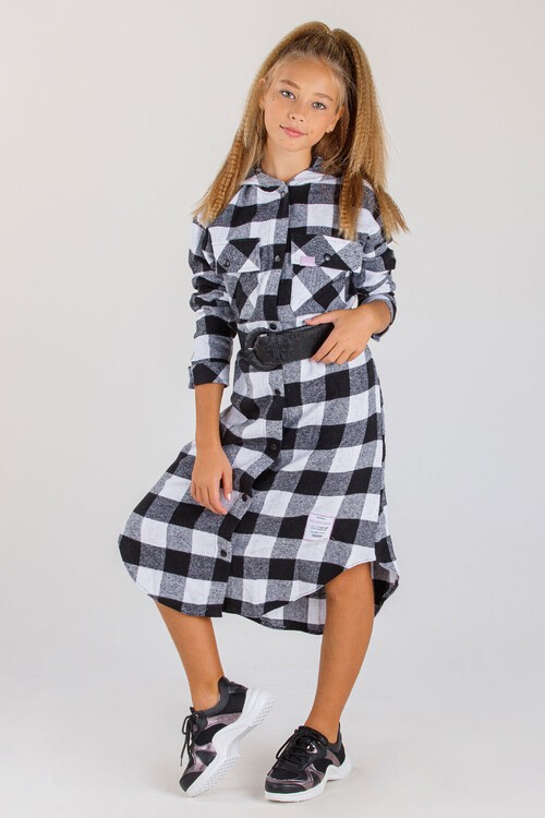 Kız Çocuk Ekose Kapşonlu Elbise 10-14 Yaş 14182