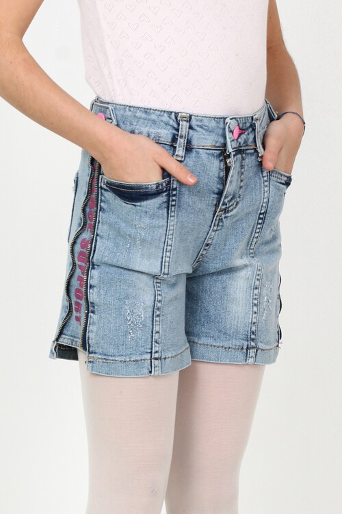Kız Çocuk Fermuarlı Baskılı Denim Şort 9-14 Yaş 13894