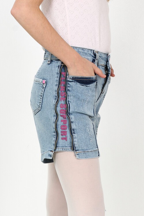 Kız Çocuk Fermuarlı Baskılı Denim Şort 9-14 Yaş 13894