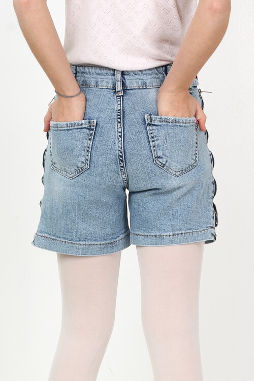 Kız Çocuk Fermuarlı Baskılı Denim Şort 9-14 Yaş 13894